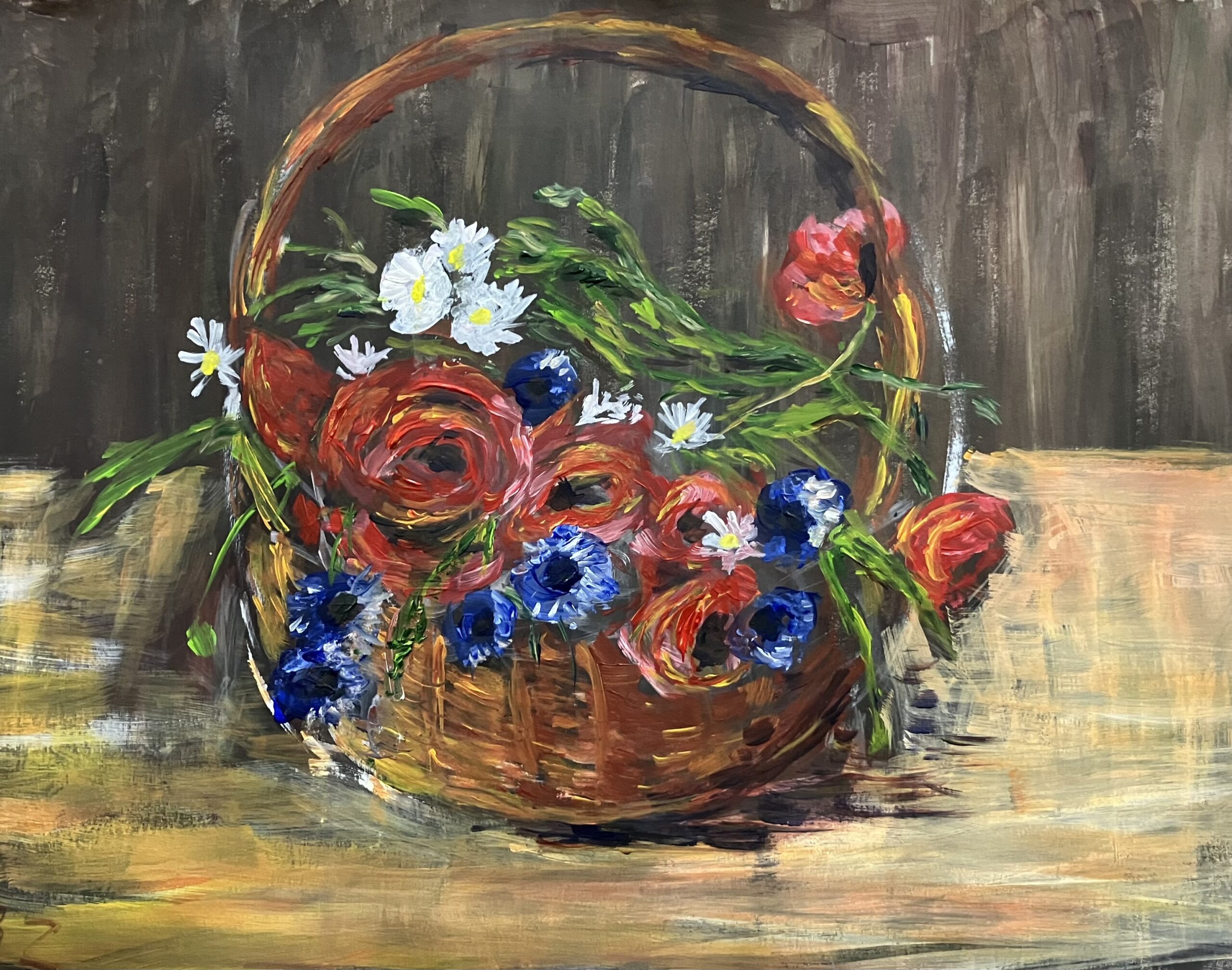 Mand met veldbloemen, geschilderd met acrylverf