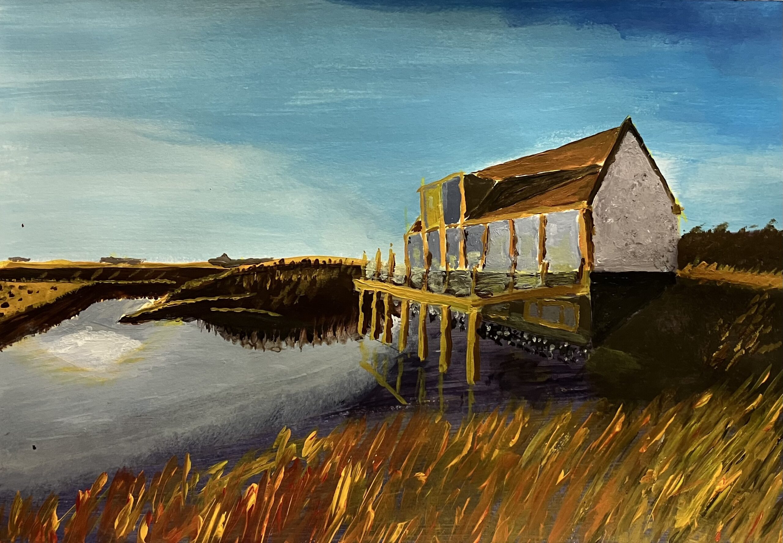 Landschap met huis aan het water en korenveld op de voorgrond, geschilderd met acrylverf