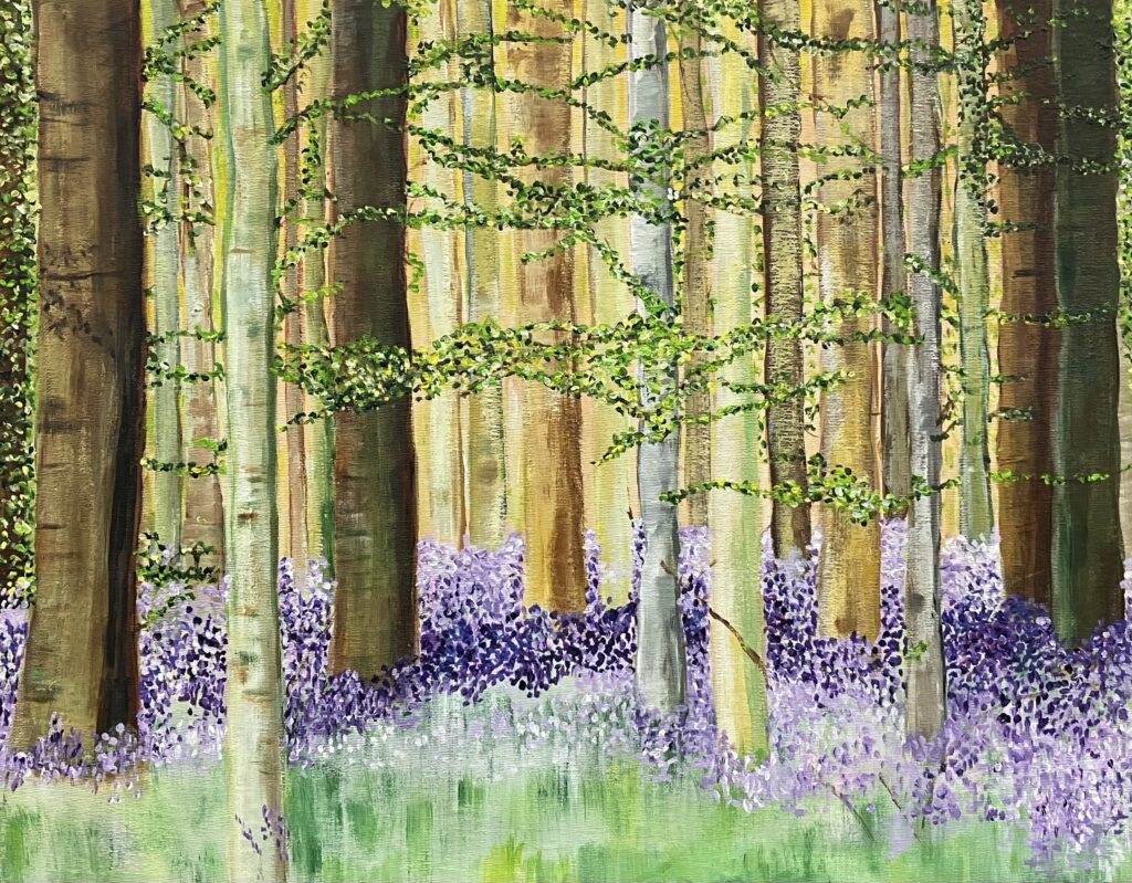 Surrealistisch boslandschap met paarse bloemen, geschilderd met acrylverf