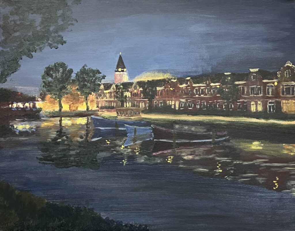 Stadsgezicht van Woerden by night, geschilderd met acrylverf